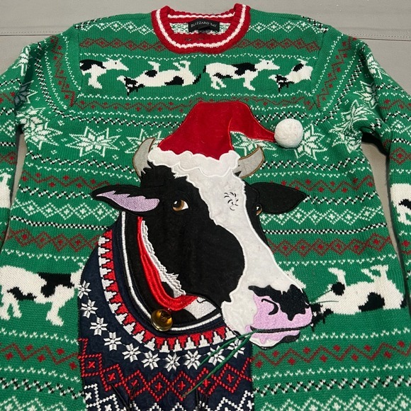 Blizzard Bay Men Ugly Xmas Office Knit Sweater Cow Santa Green M Bell Winter3823 - Picture 4 of 12